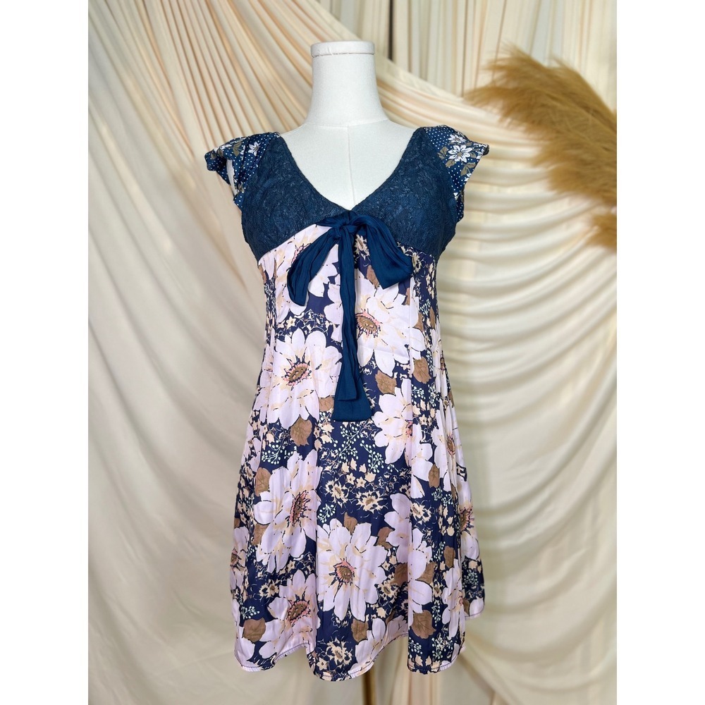 Free People Aurora Mini Dress In Navy Combo Lace Floral Summer Picnic Size Small